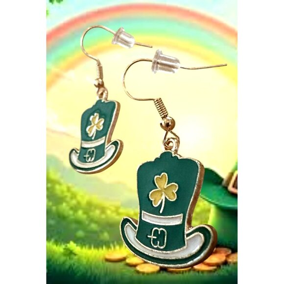 St Patricks Day Leprechaun Hat  Earrings Shamrock Green Dangle Hooks New… - Picture 7 of 10
